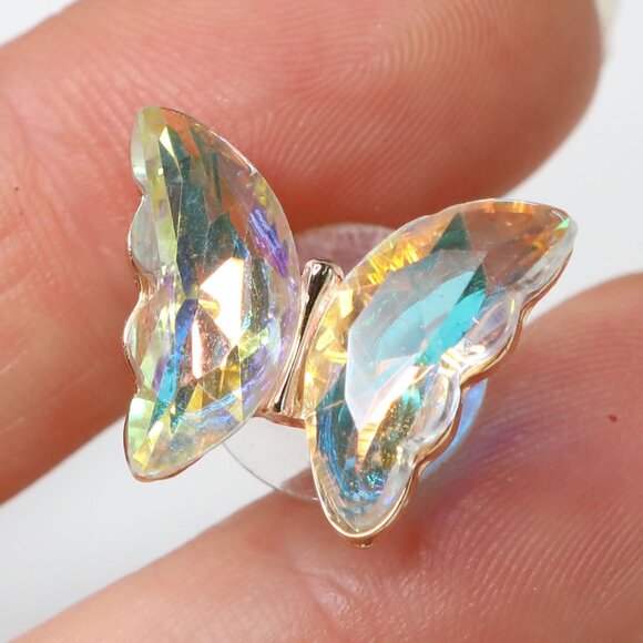 Iridescent AB Butterfly Stud Earrings | Gold Tone Aurora Borealis Crystal Y2K Je - Picture 4 of 8